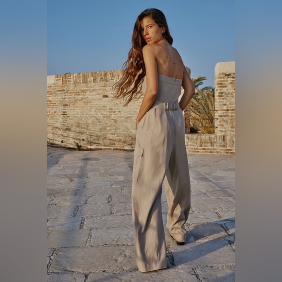 Zara cargo jumpsuit wide leg sleeveless tan belted - Picture 8 of 8